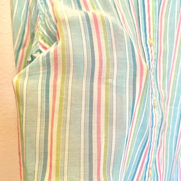 Vintage Lauren by Ralph Lauren, blue green and pink sheer button down shirt - Picture 2 of 8